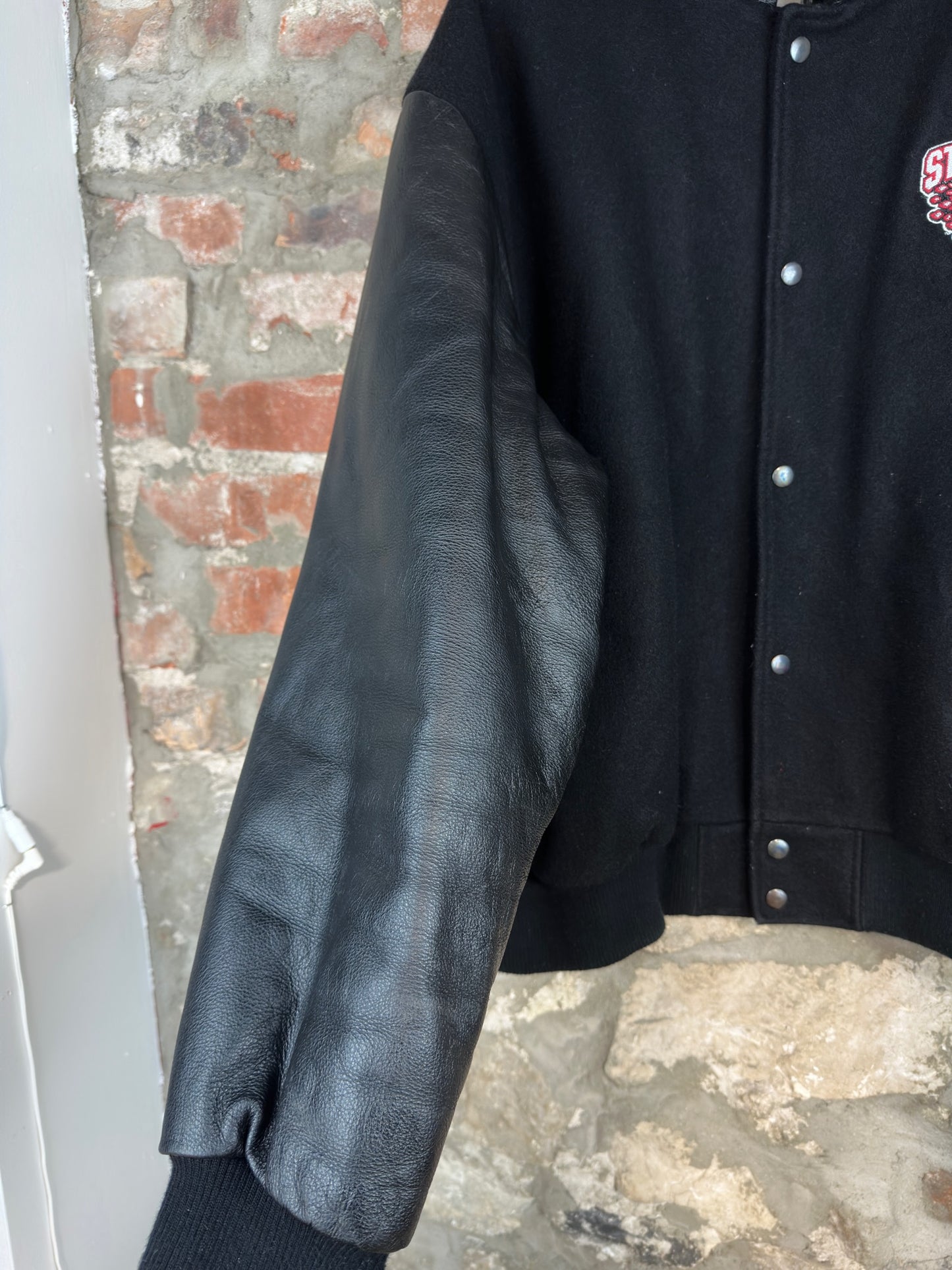 90s Guelph Storm Leather Varsity Jacket Sz XL