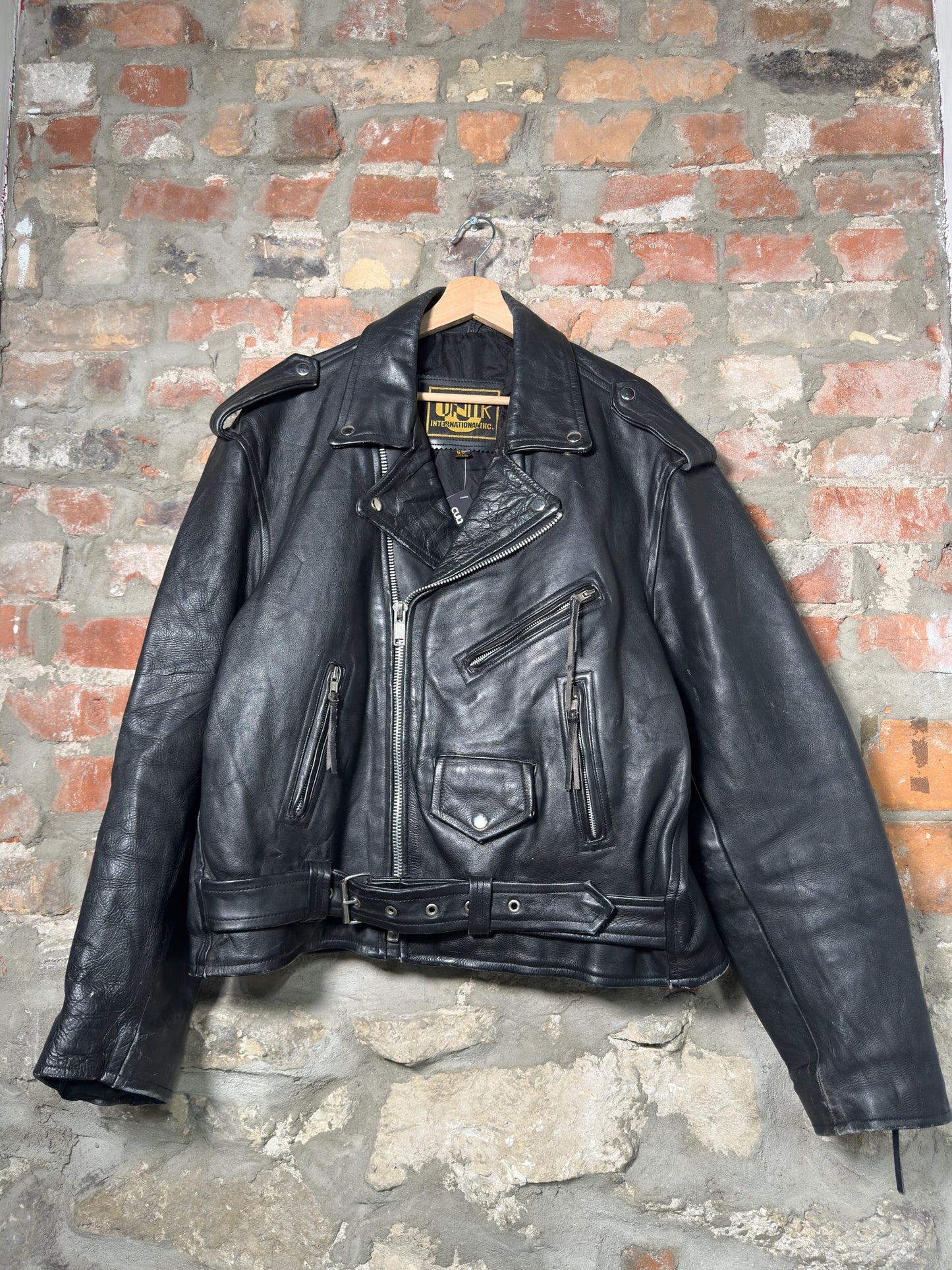 Vtg Unik International Leather Biker Jacket Sz L