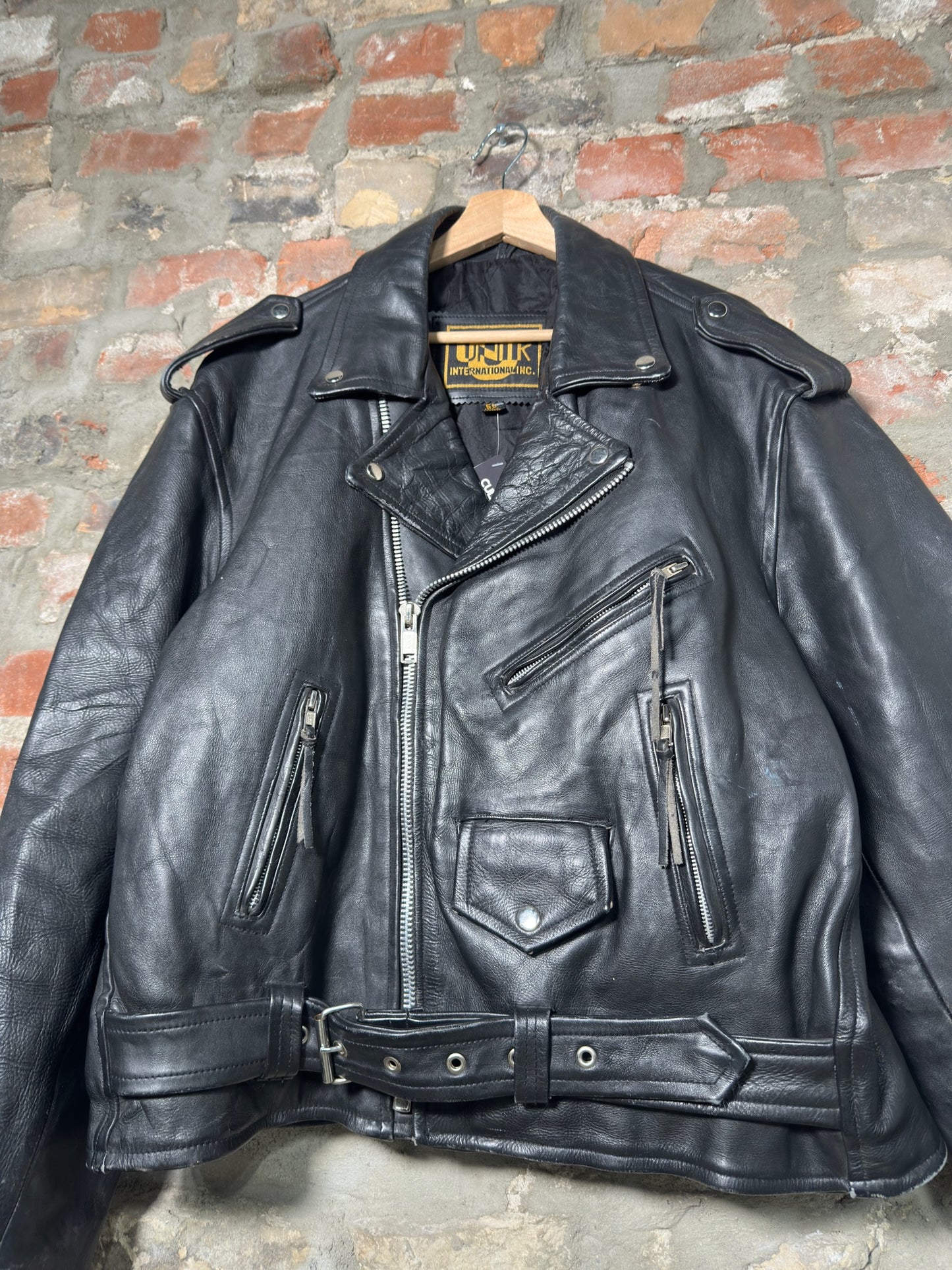 Vtg Unik International Leather Biker Jacket Sz L