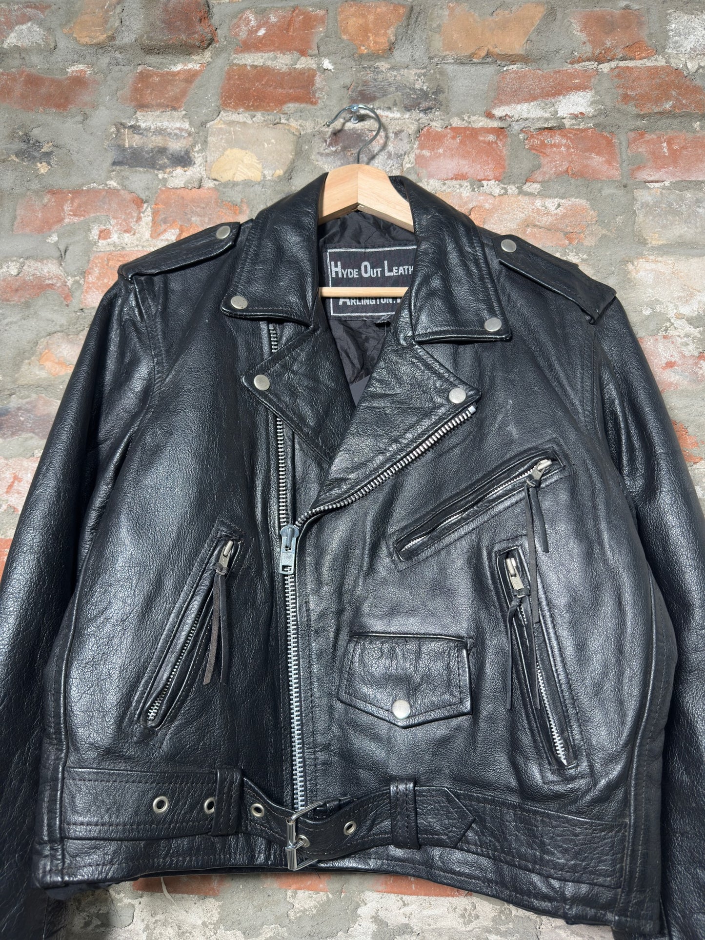 Vtg Hide Out Leather Biker Jacket Sz M