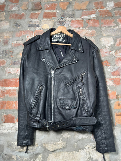 Vtg First Genuine Leather Biker Jacket Sz L