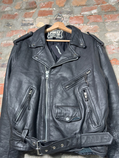 Vtg First Genuine Leather Biker Jacket Sz L