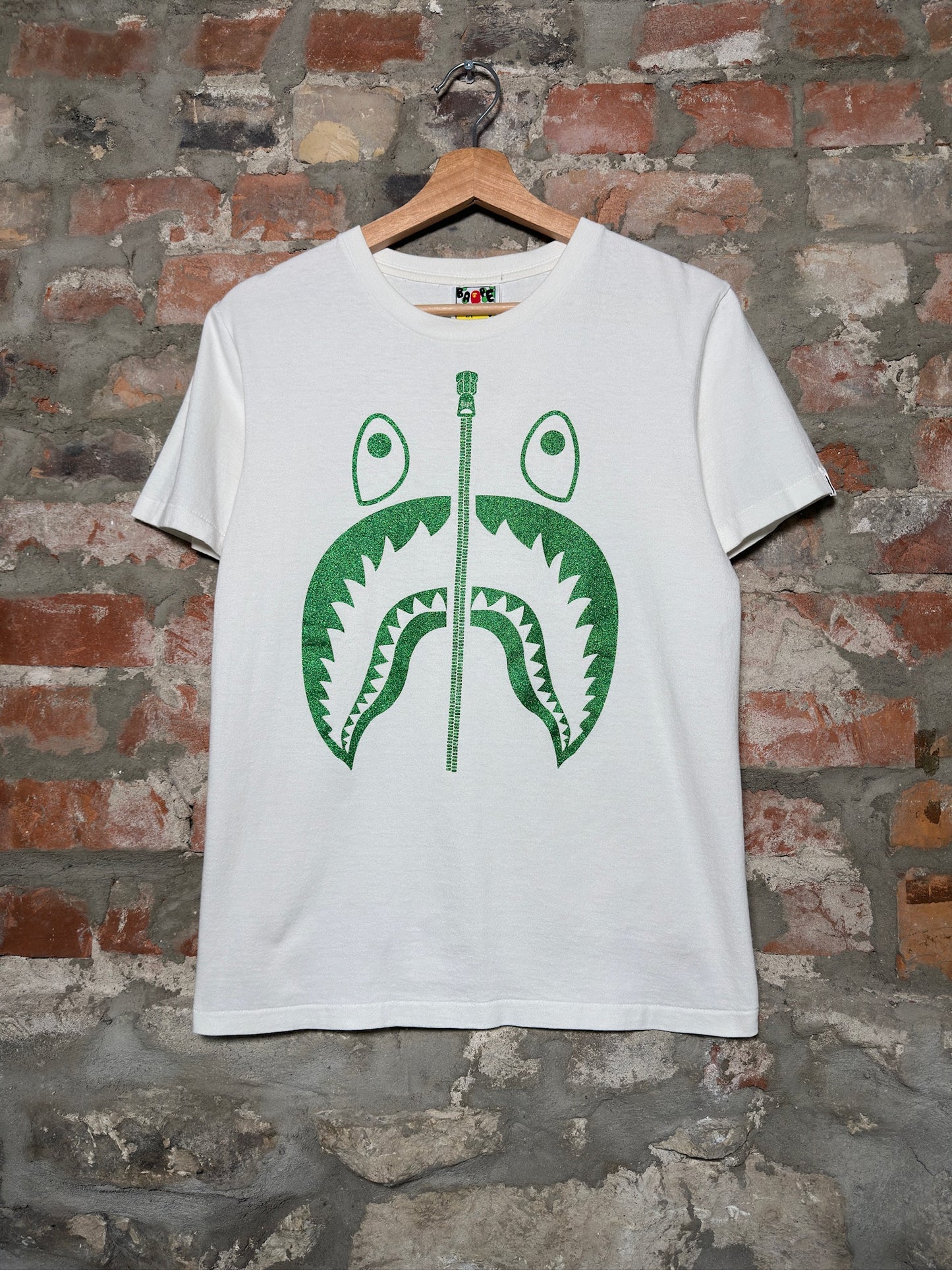 Bape Shark Green Glitter Tee White Sz S