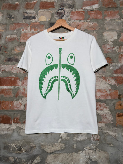 Bape Shark Green Glitter Tee White Sz S
