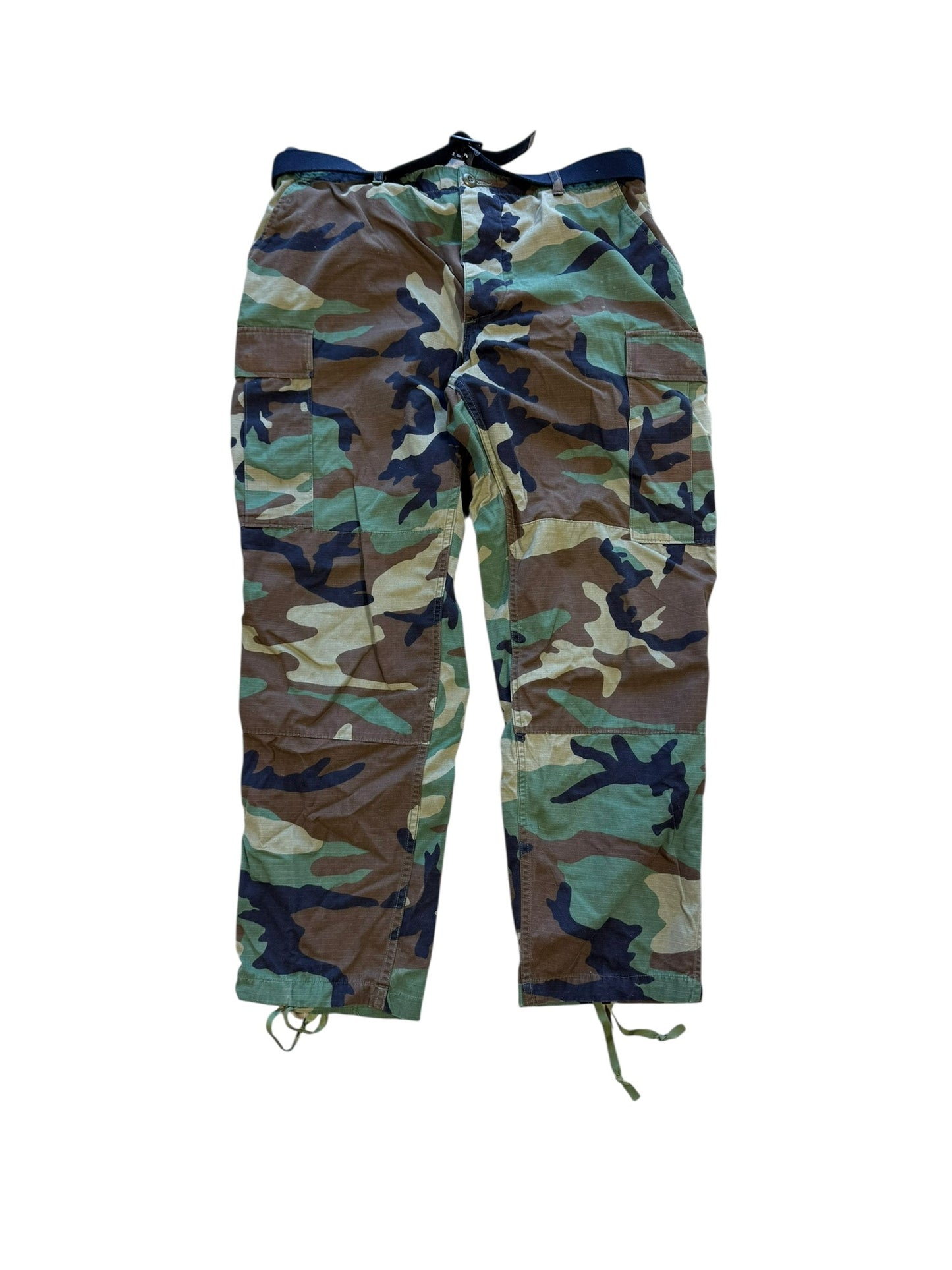 (L) Vtg Military Woodland Camo Adjustable Cargo Pants w Belt