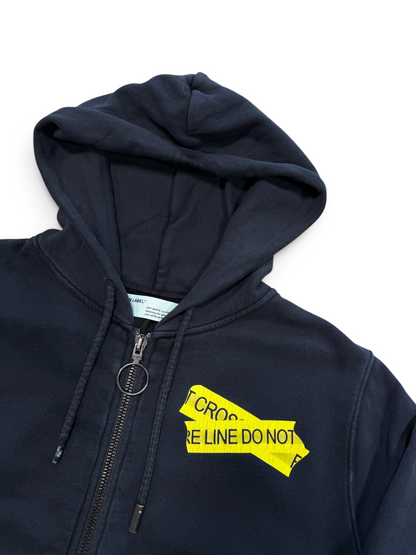 (S) Off White Caution Tape Zip-Up Hoodie