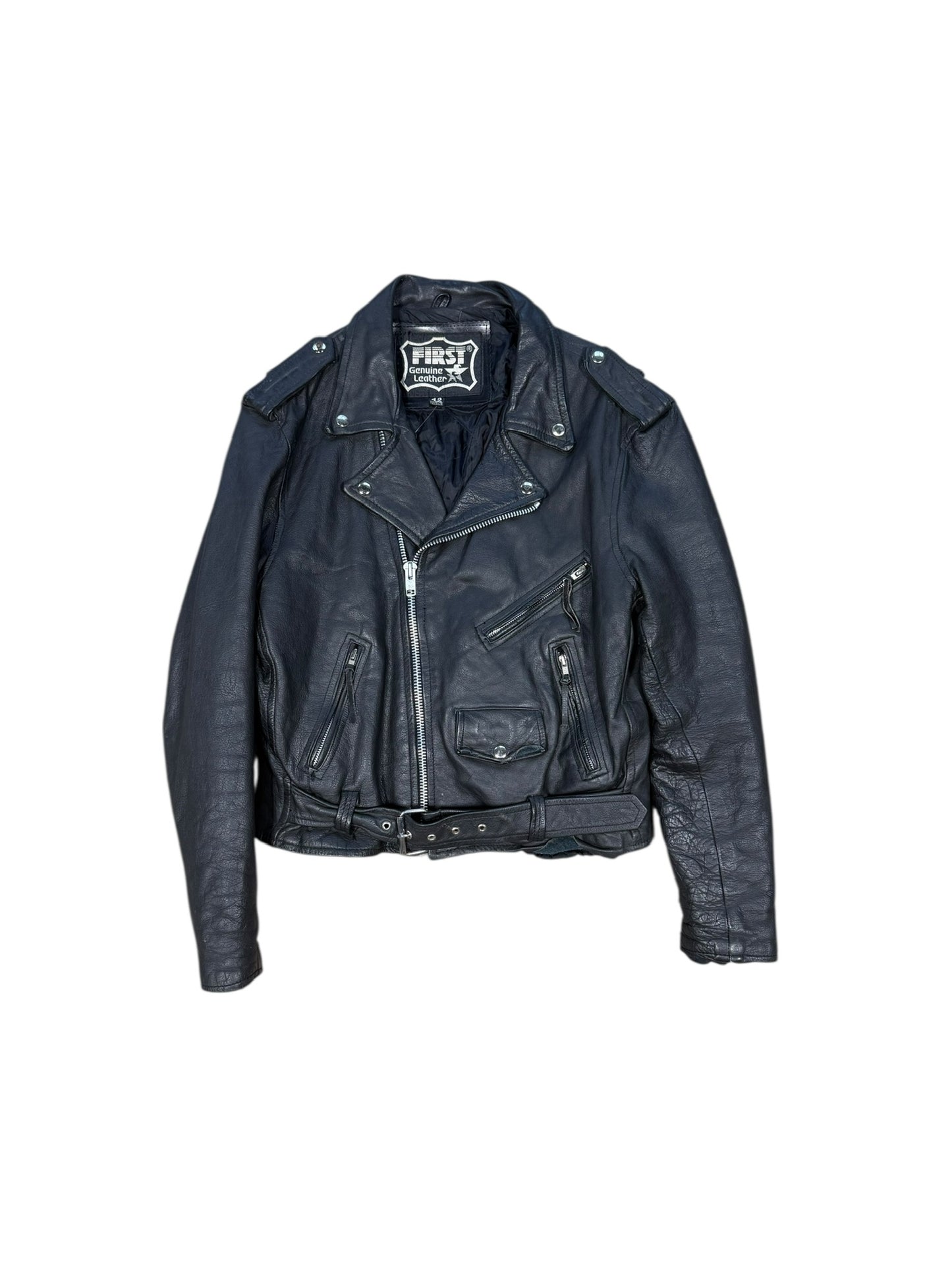 Vtg First Genuine Leather Biker Jacket Sz L