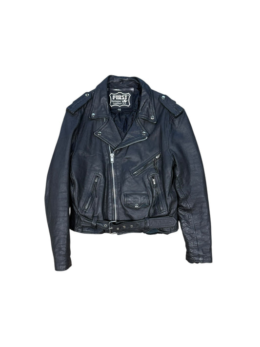 Vtg First Genuine Leather Biker Jacket Sz L