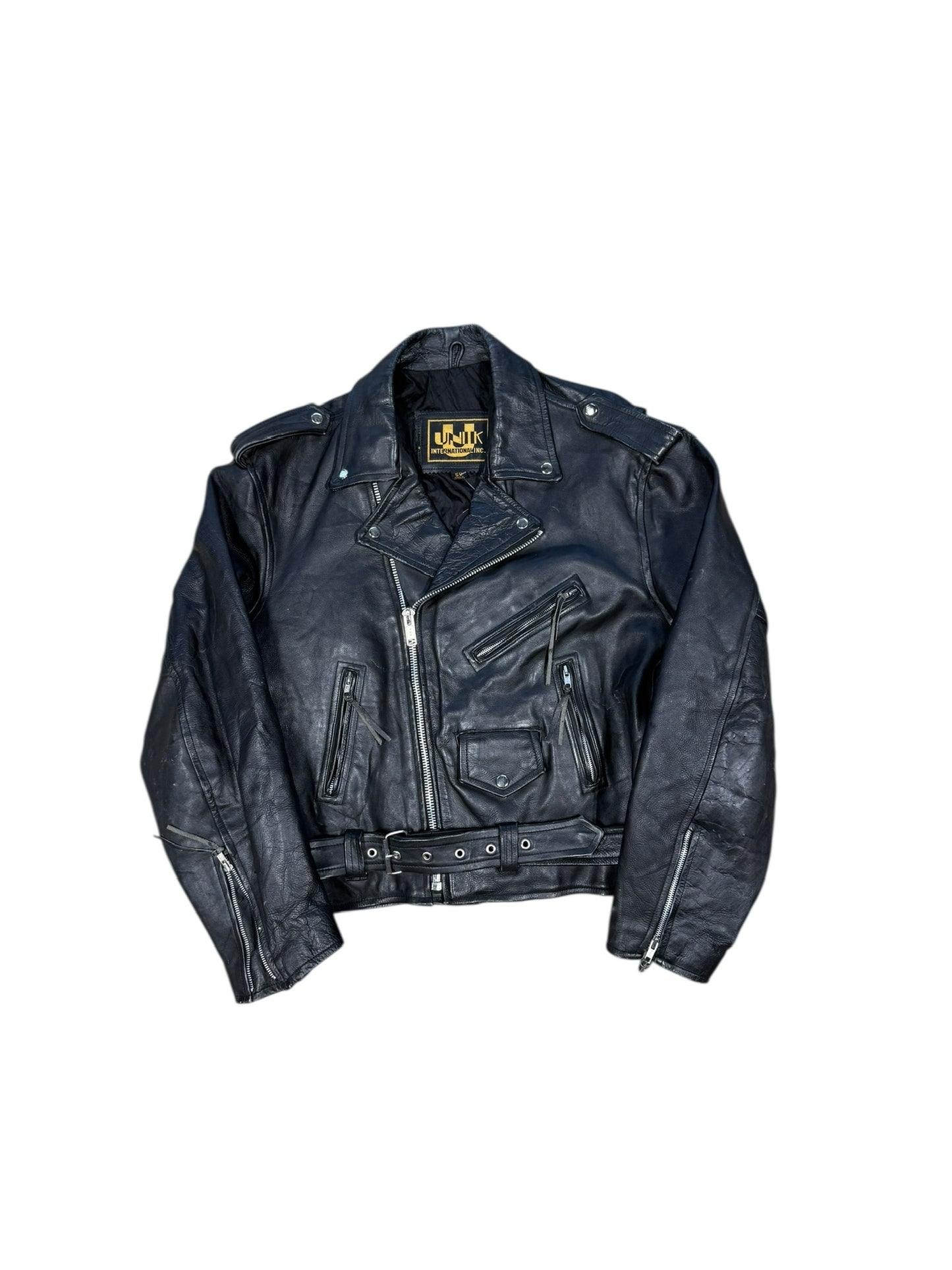 Vtg Unik International Leather Biker Jacket Sz L